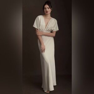 BHLDN/Anthropologie Leila Deep-V Flutter-Sleeve Satin A-Line Gown